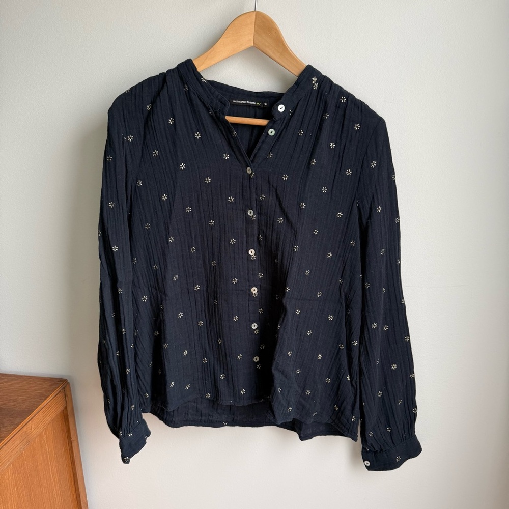 Blue Long Sleeve Buttoned Blouse with Mandarin Collar